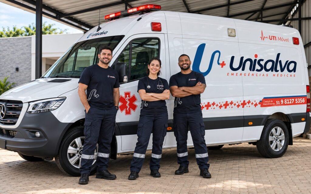Equipe Unisalva: médica, enfermeiro e condutor socorrista ao lado da ambulância