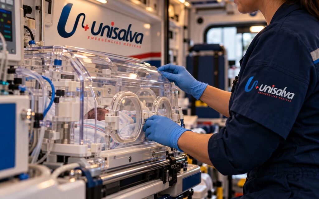 Profissional da Unisalva ajustando incubadora de transporte neonatal dentro da ambulância