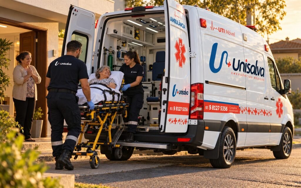 Socorristas da Unisalva levando uma paciente idosa de maca até a ambulância