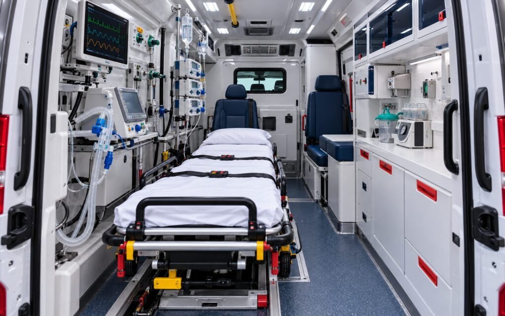 Interior de UTI móvel com maca, monitor, ventilador e bombas de infusão